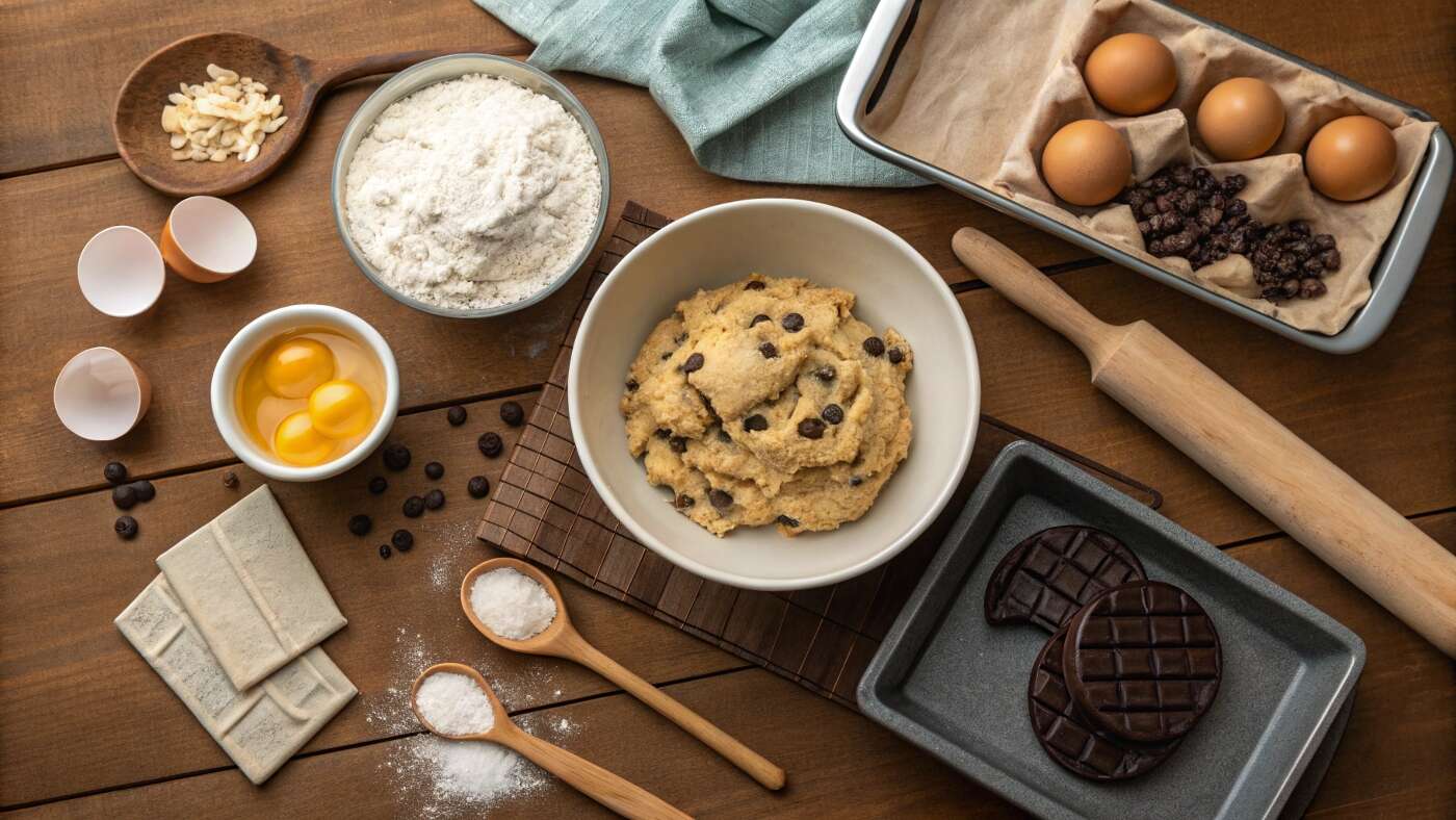 The Best Crumbl Cookie Recipe For Beginners: cookie dough, eggs, flour, chocolate, and rolling pin on a wooden surface