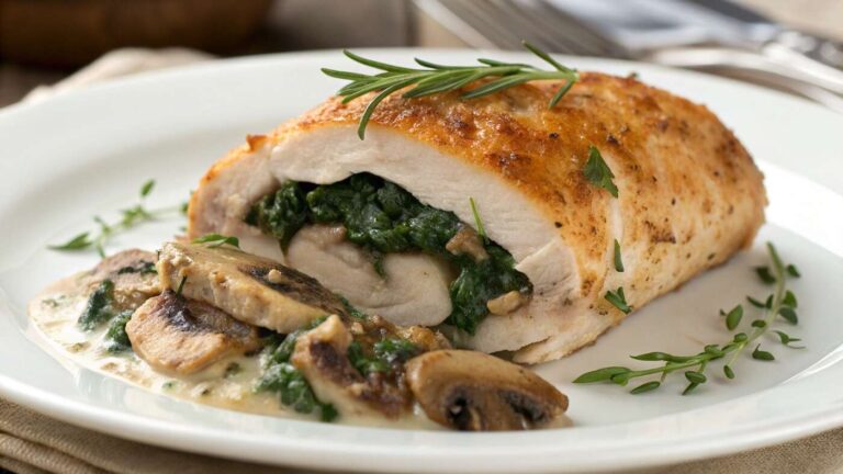 Creamy Mushroom And Spinach Stuffed Chicken Breast With Herbs