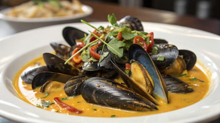 Thai Coconut Curry Mussels In A White Bowl, Topped With Fresh Cilantro And Sliced Red Chili Peppers
